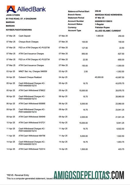 Modelo realista de extrato de conta limitado do Paquistão Allied Bank Limited em Word e PDF